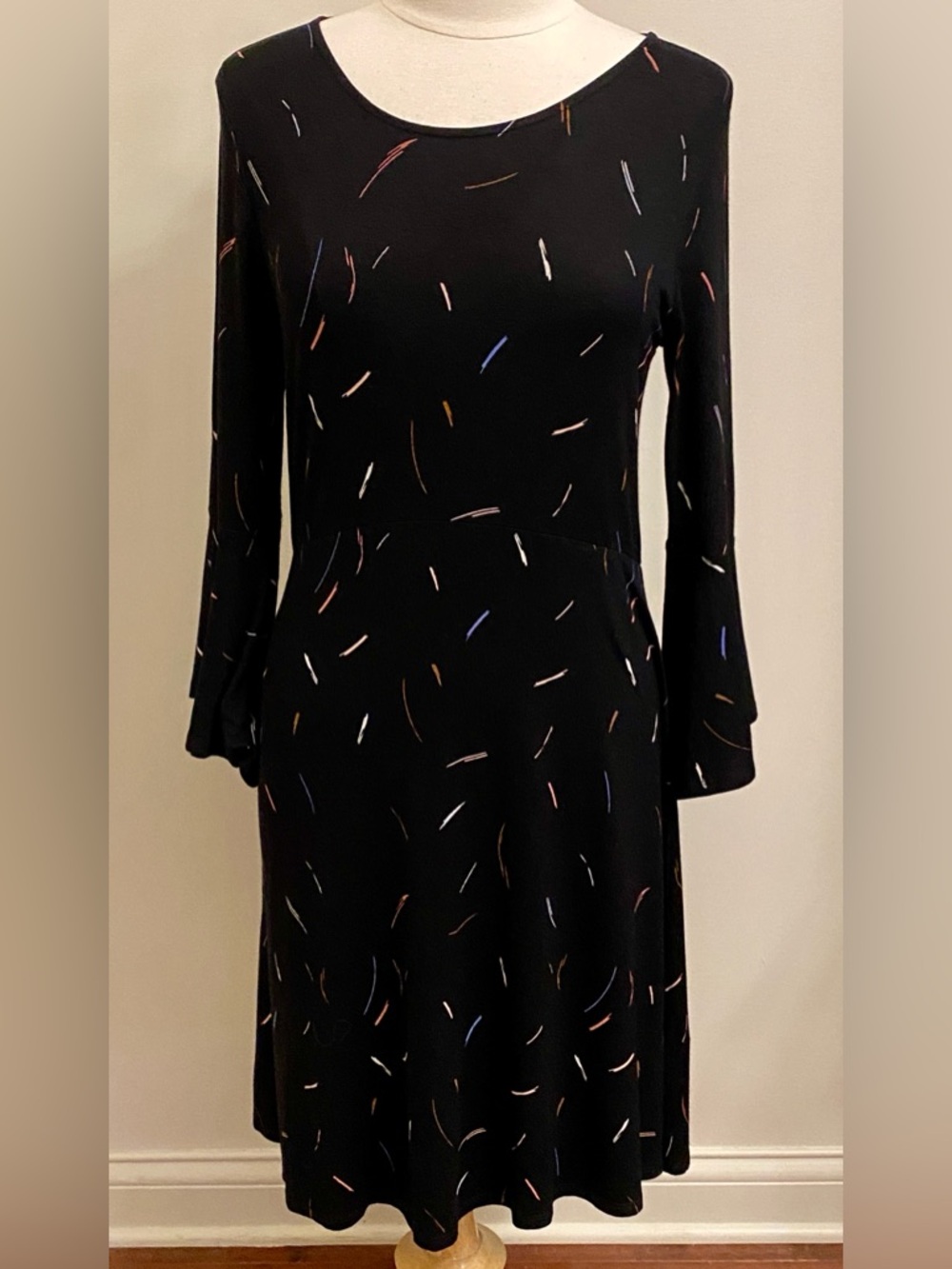 Apt. 9 Black Colorful Striped SZ S 70s Retro Boho Chic Mod Bell Sleeves Dress